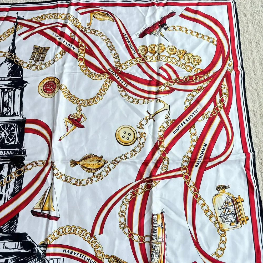 Silk scarf tourist souvenir red black white gold chain landmarks motif Europe